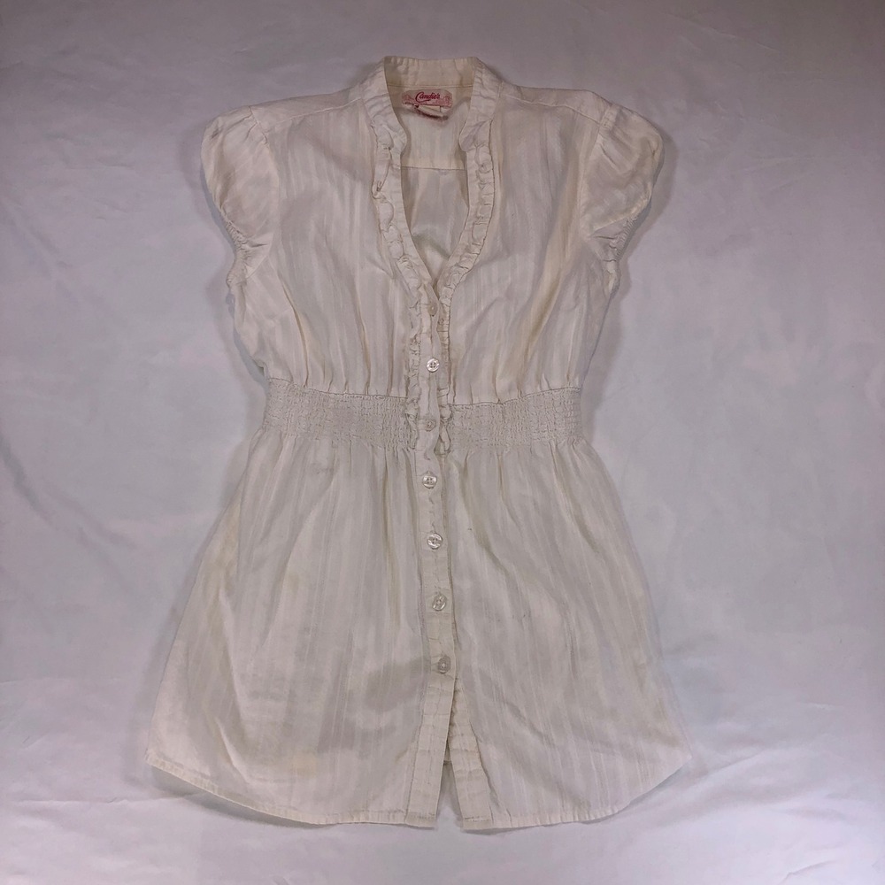 Candies White Ruffle V-Neck Smocked Waist Button Up Tunic Top Cap Sleeve Medium